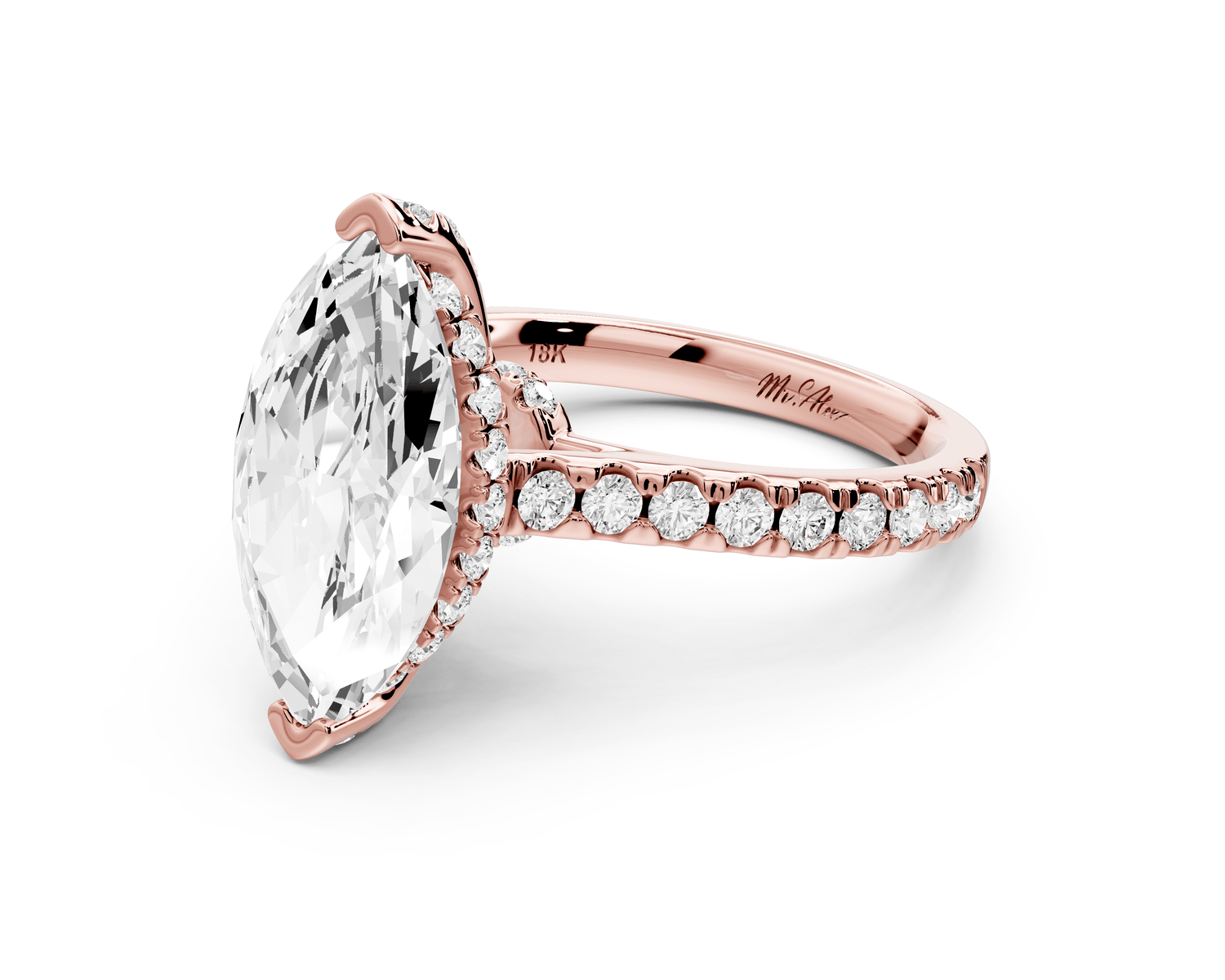 Odette - 3ct 14k rose gold marquise Diamond Engagement Ring with Pavé Band & Hidden Halo - Mr. Alex Jewelry