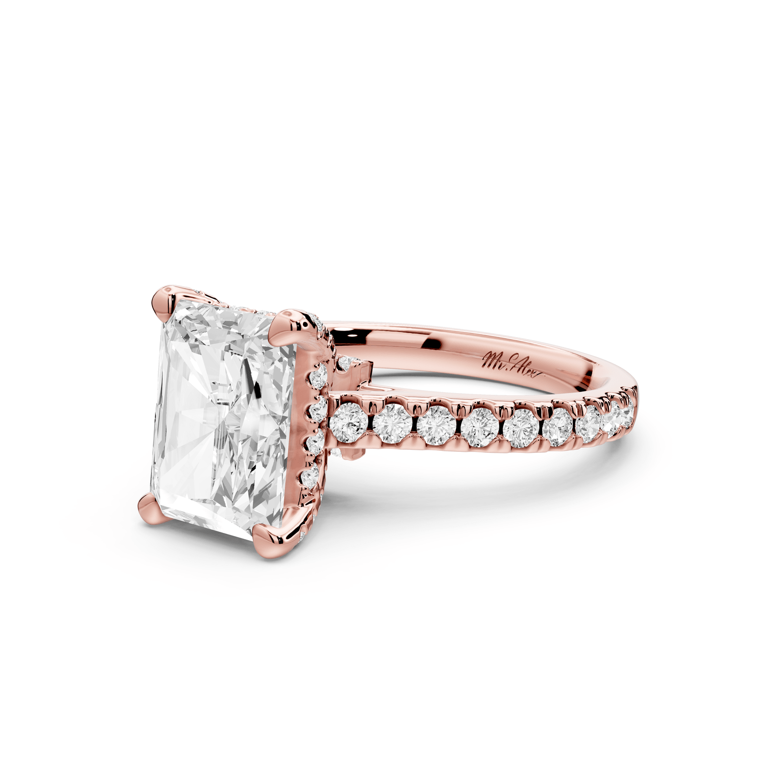 Odette - 3ct 14k rose gold radiant Diamond Engagement Ring with Pavé Band & Hidden Halo - Mr. Alex Jewelry