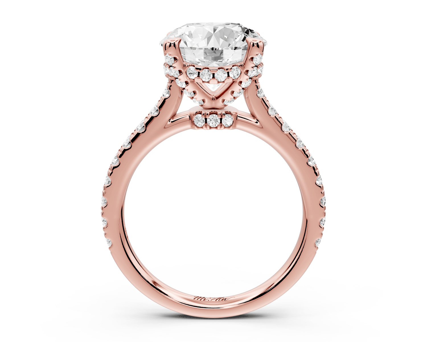 Odette - 3ct 14k rose gold round Diamond Engagement Ring with Pavé Band & Hidden Halo - Mr. Alex Jewelry
