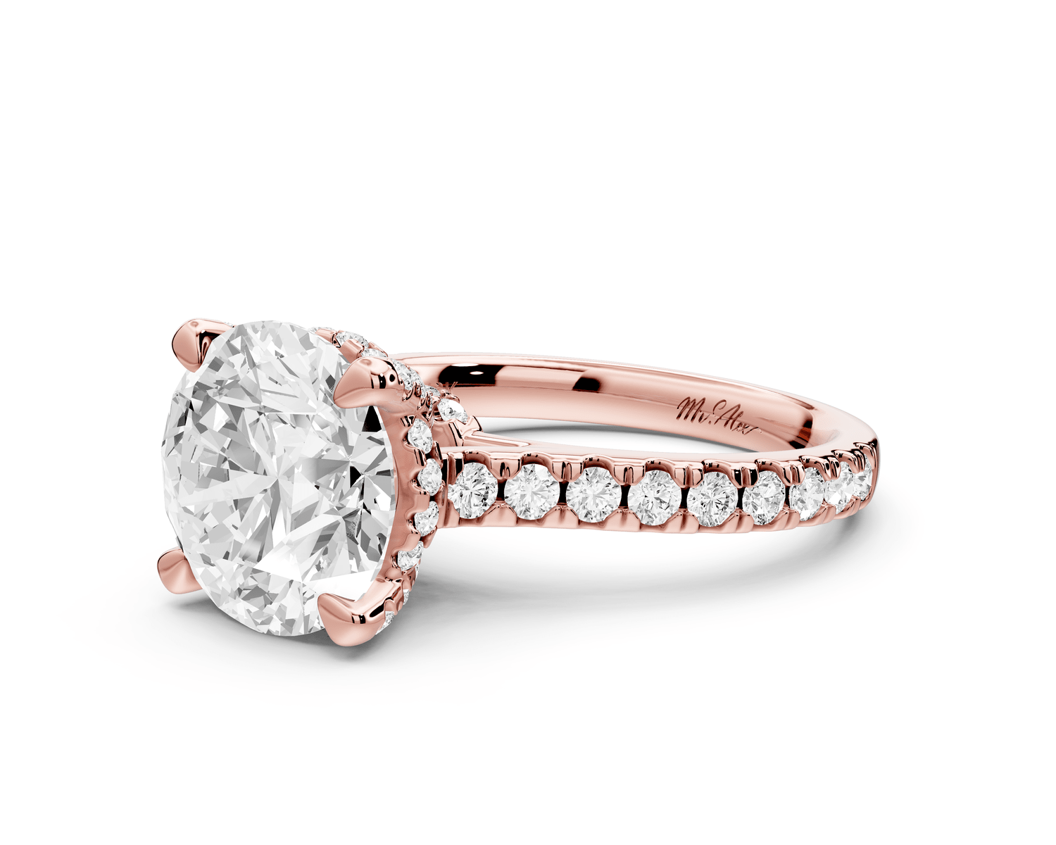 Odette - 3ct 14k rose gold round Diamond Engagement Ring with Pavé Band & Hidden Halo - Mr. Alex Jewelry