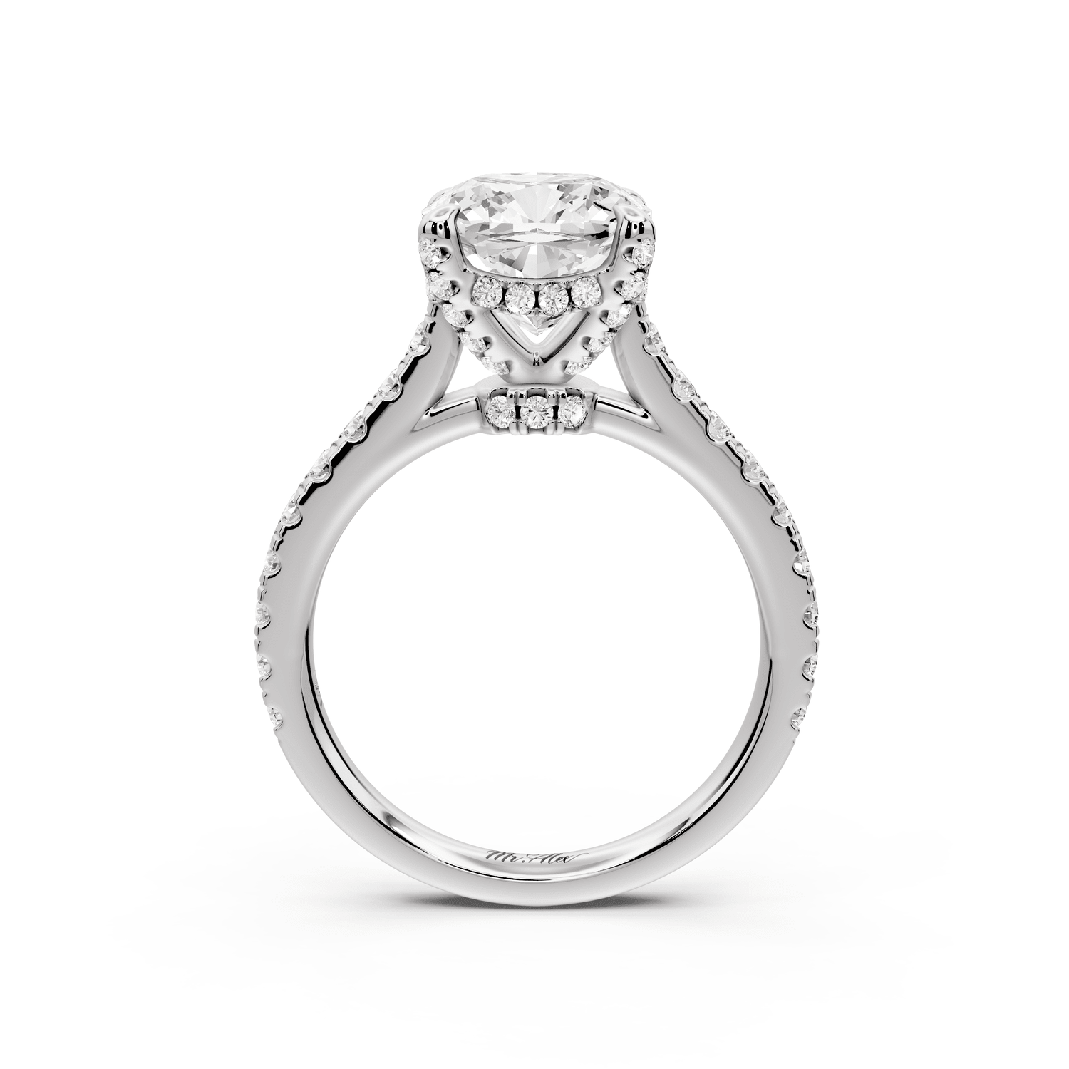 Odette - 3ct 14k white gold cushion Diamond Engagement Ring with Pavé Band & Hidden Halo - Mr. Alex Jewelry