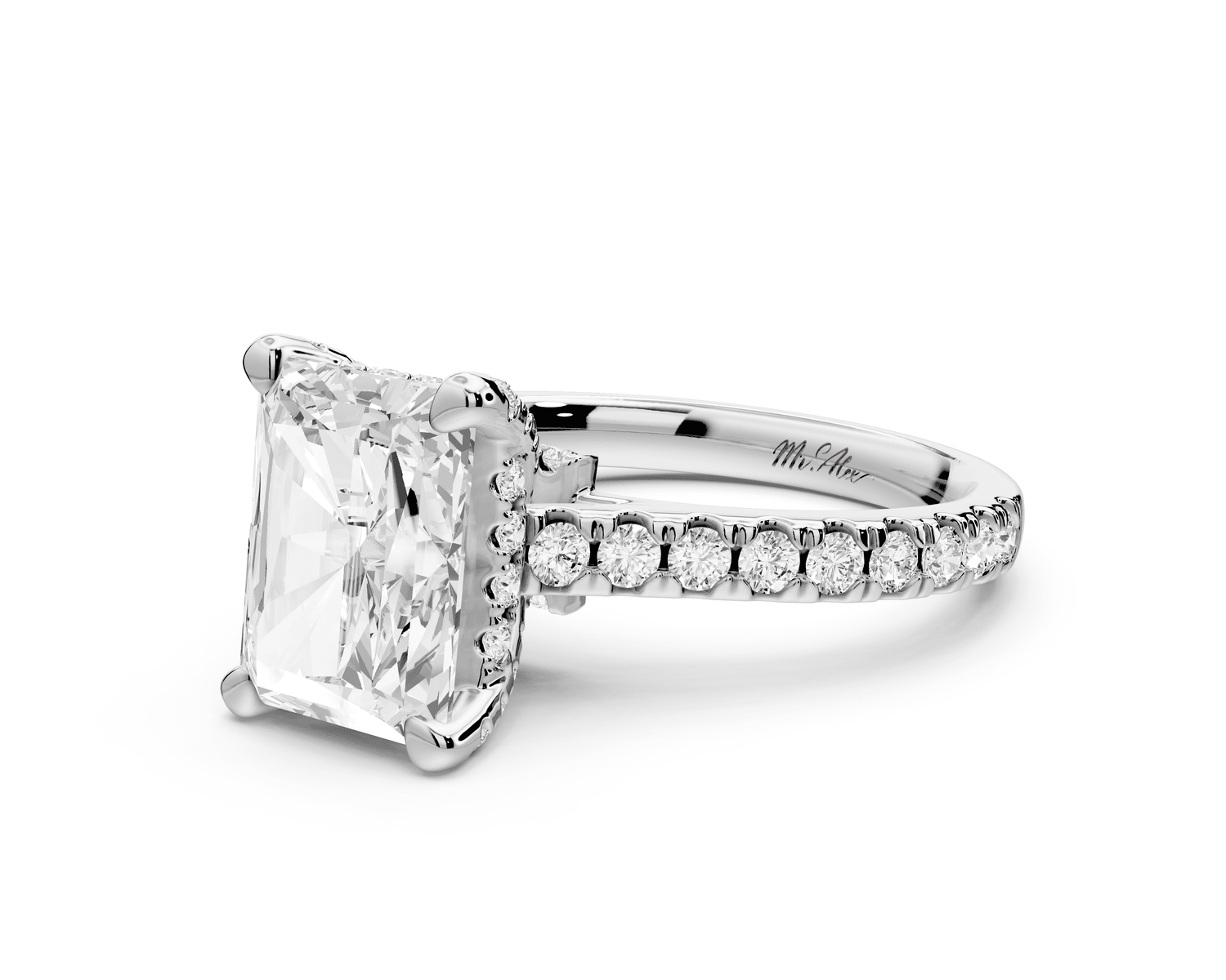 Odette - 3ct 14k white gold radiant Diamond Engagement Ring with Pavé Band & Hidden Halo - Mr. Alex Jewelry