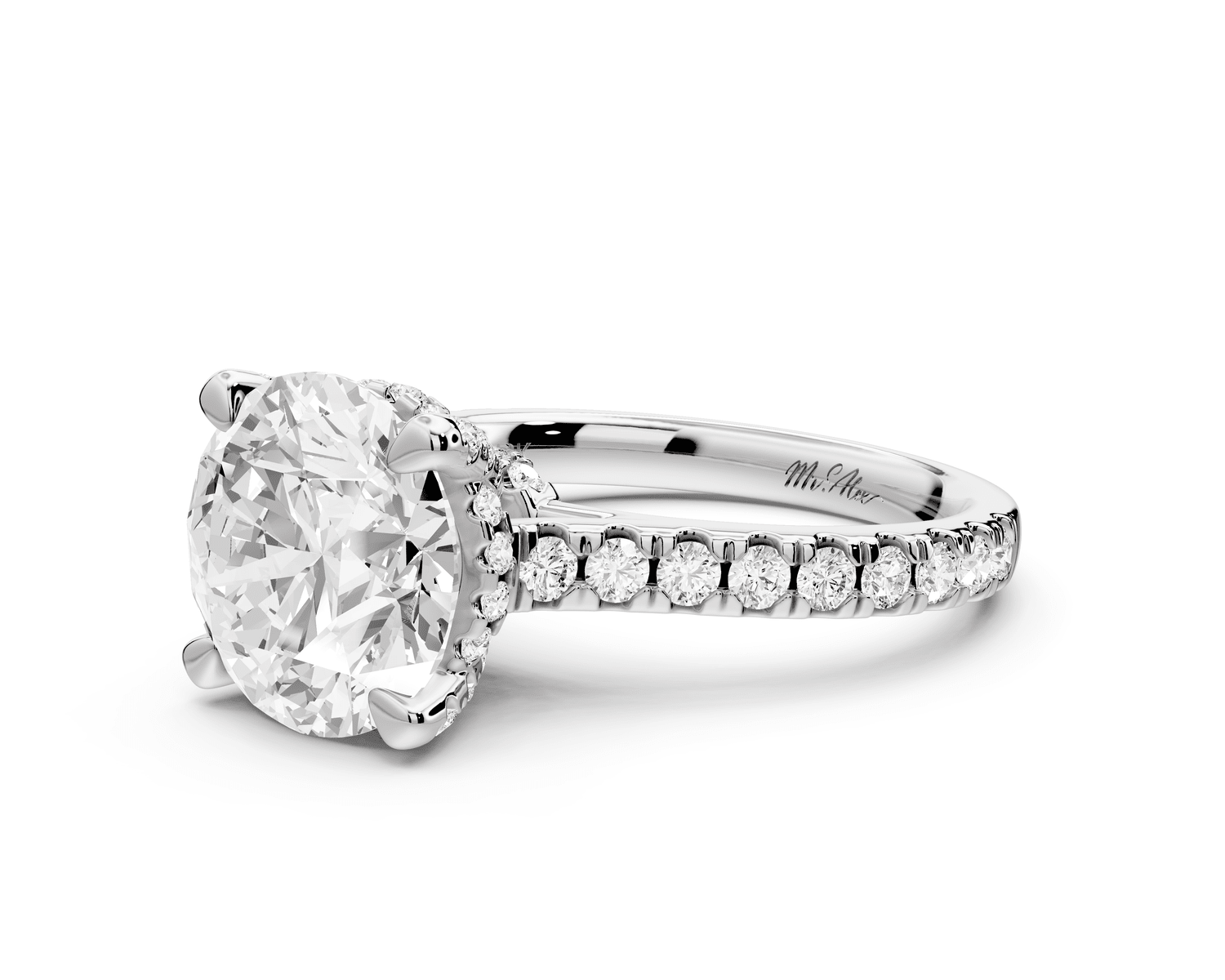 Odette - 3ct 14k white gold round Diamond Engagement Ring with Pavé Band & Hidden Halo - Mr. Alex Jewelry