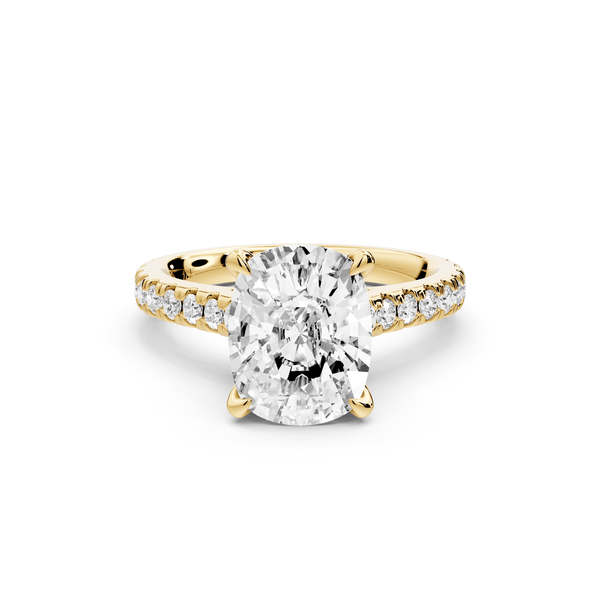 Odette - 3ct 14k yellow gold ecushion Diamond Engagement Ring with Pavé Band & Hidden Halo - Mr. Alex Jewelry