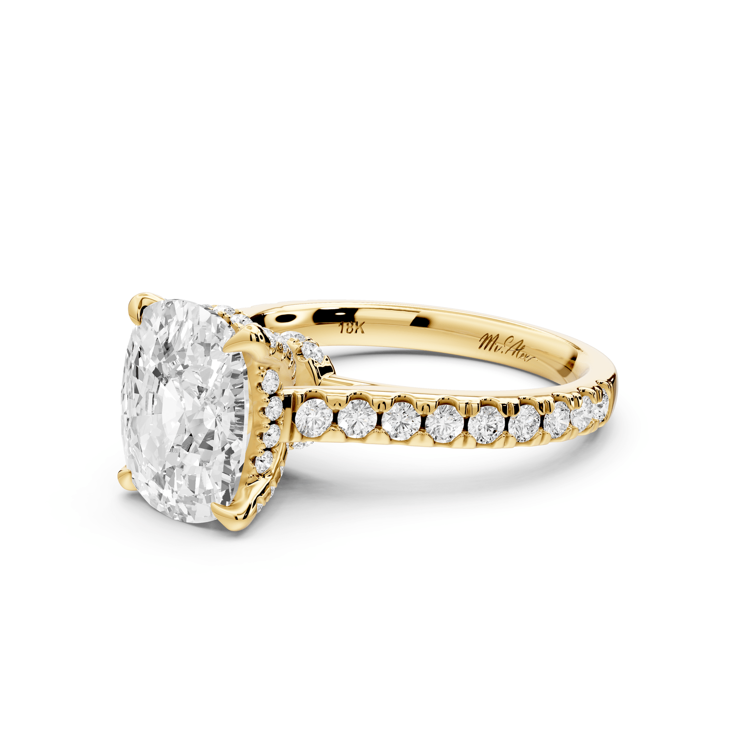 Odette - 3ct 14k yellow gold ecushion Diamond Engagement Ring with Pavé Band & Hidden Halo - Mr. Alex Jewelry