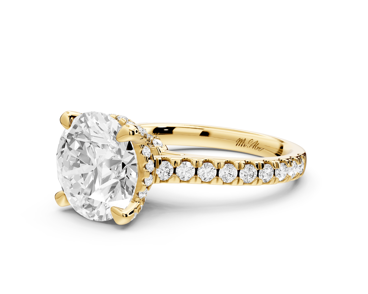 Odette - 3ct 14k yellow gold round Diamond Engagement Ring with Pavé Band & Hidden Halo - Mr. Alex Jewelry