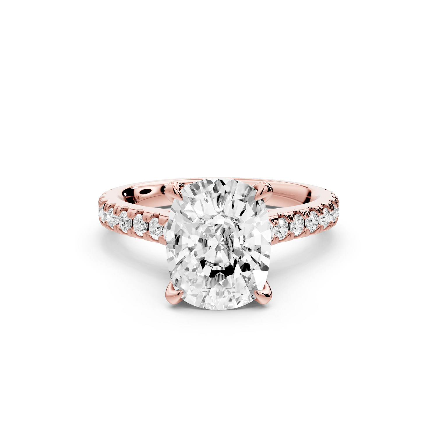 Odette - 3ct 18k rose gold ecushion Diamond Engagement Ring with Pavé Band & Hidden Halo - Mr. Alex Jewelry