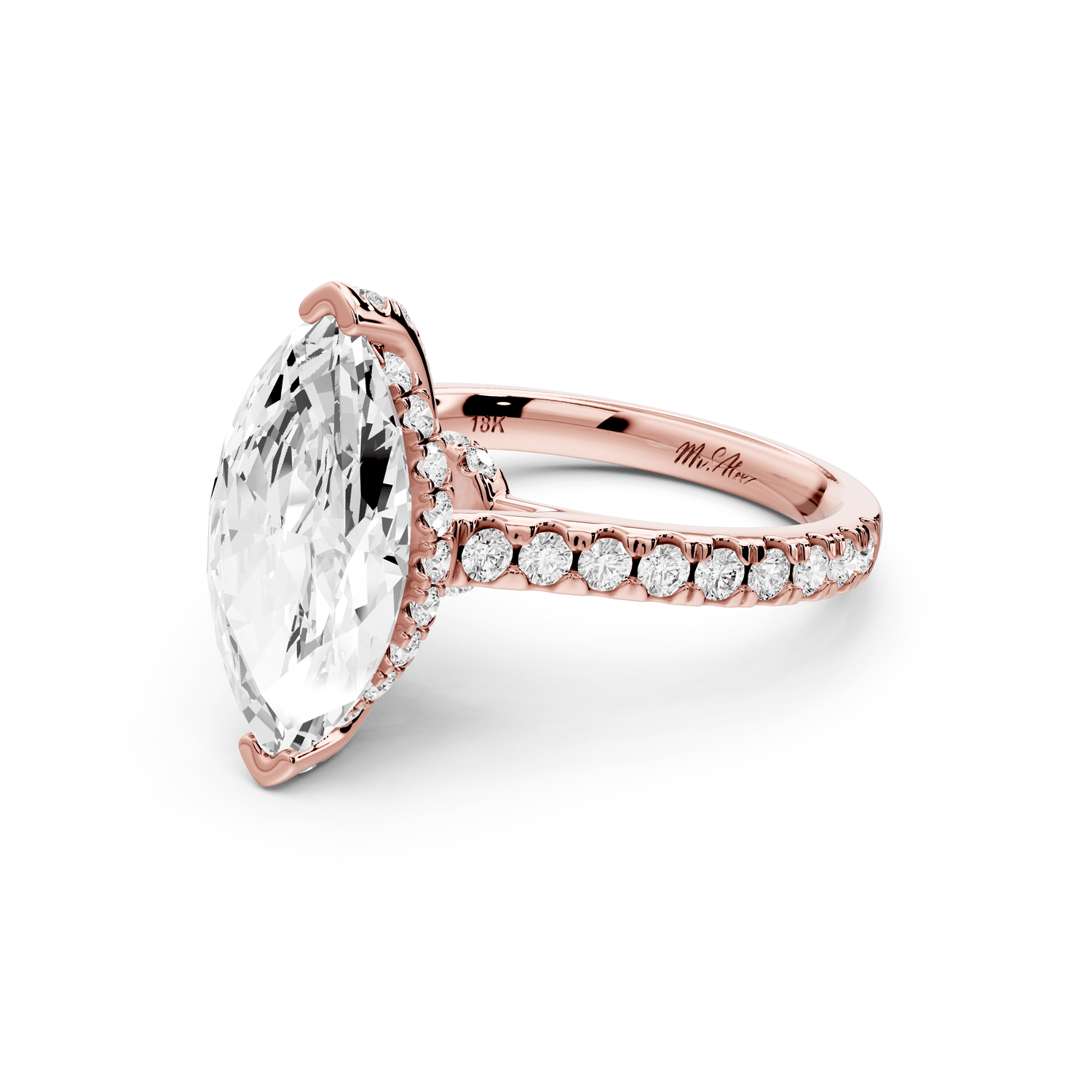Odette - 3ct 18k rose gold marquise Diamond Engagement Ring with Pavé Band & Hidden Halo - Mr. Alex Jewelry