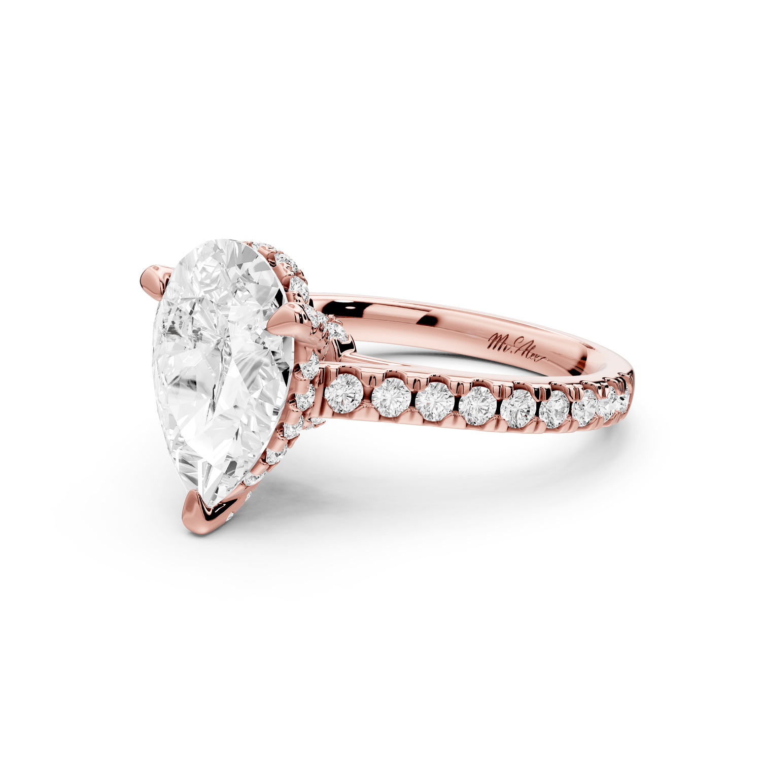 Odette - 3ct 18k rose gold pear Diamond Engagement Ring with Pavé Band & Hidden Halo - Mr. Alex Jewelry