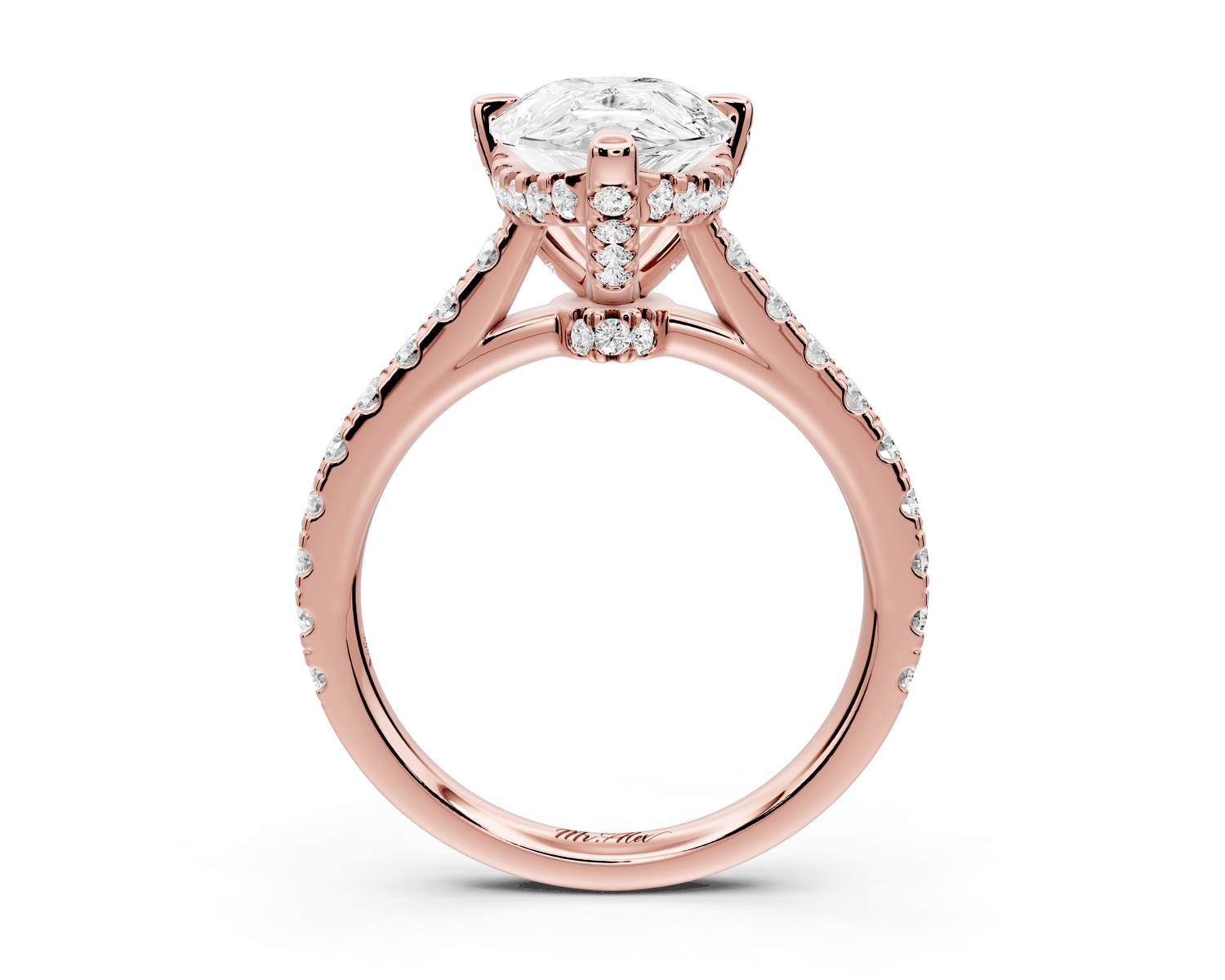 Odette - 3ct 18k rose gold pear Diamond Engagement Ring with Pavé Band & Hidden Halo - Mr. Alex Jewelry