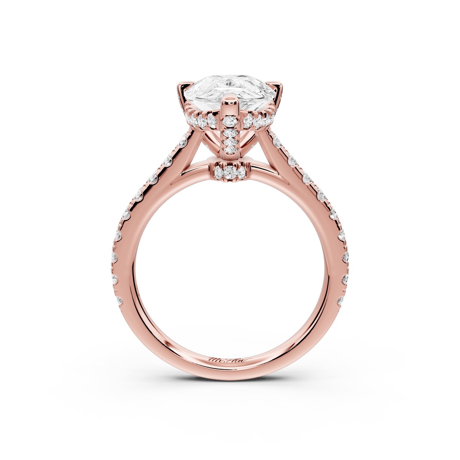 Odette - 3ct 18k rose gold pear Diamond Engagement Ring with Pavé Band & Hidden Halo - Mr. Alex Jewelry