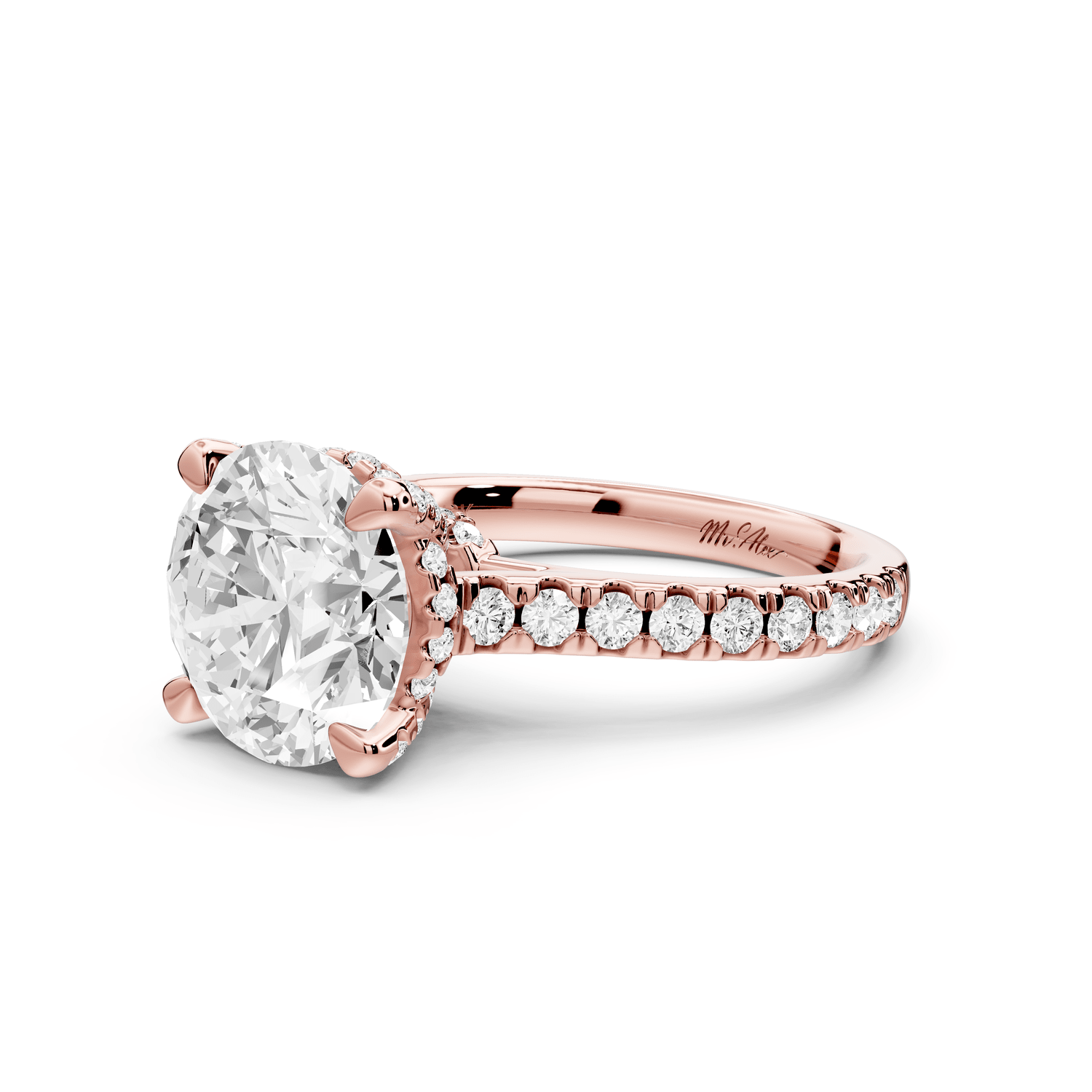 Odette - 3ct 18k rose gold round Diamond Engagement Ring with Pavé Band & Hidden Halo - Mr. Alex Jewelry