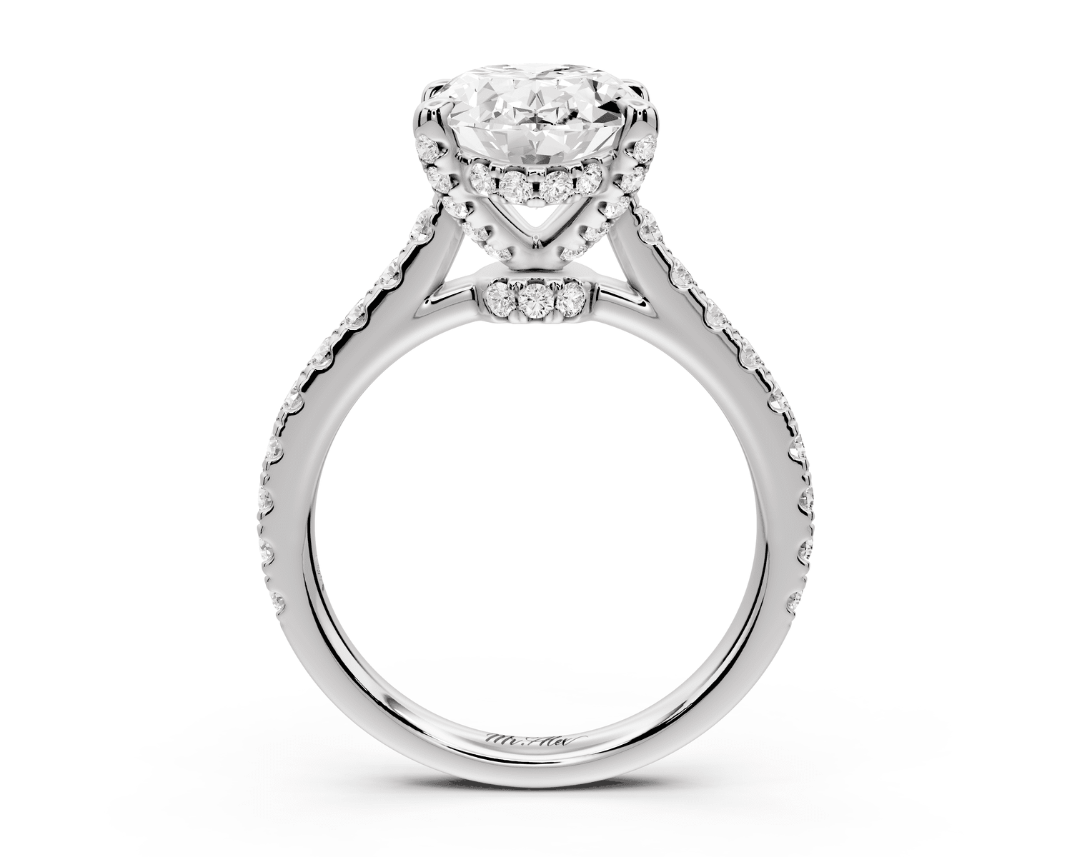 Odette - 3ct 18k white gold oval Diamond Engagement Ring with Pavé Band & Hidden Halo - Mr. Alex Jewelry
