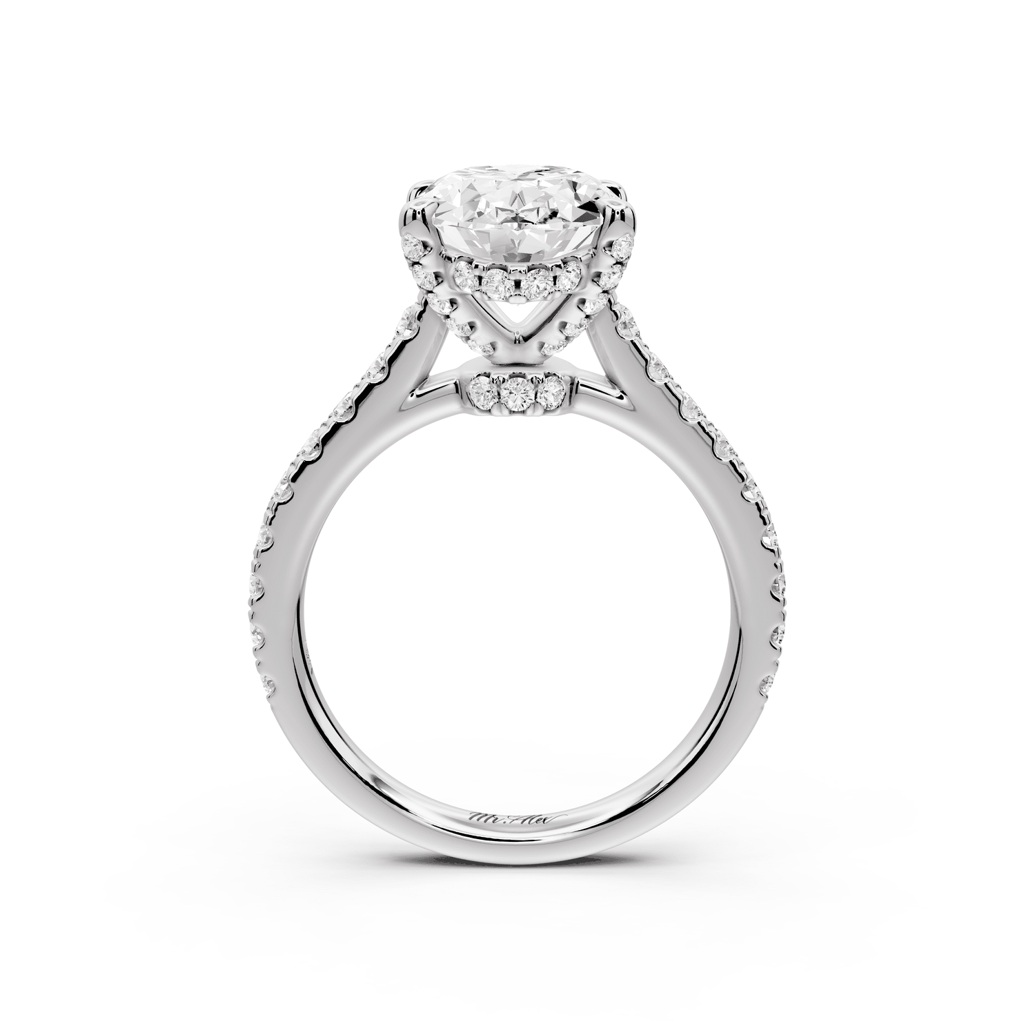 Odette - 3ct 18k white gold oval Diamond Engagement Ring with Pavé Band & Hidden Halo - Mr. Alex Jewelry