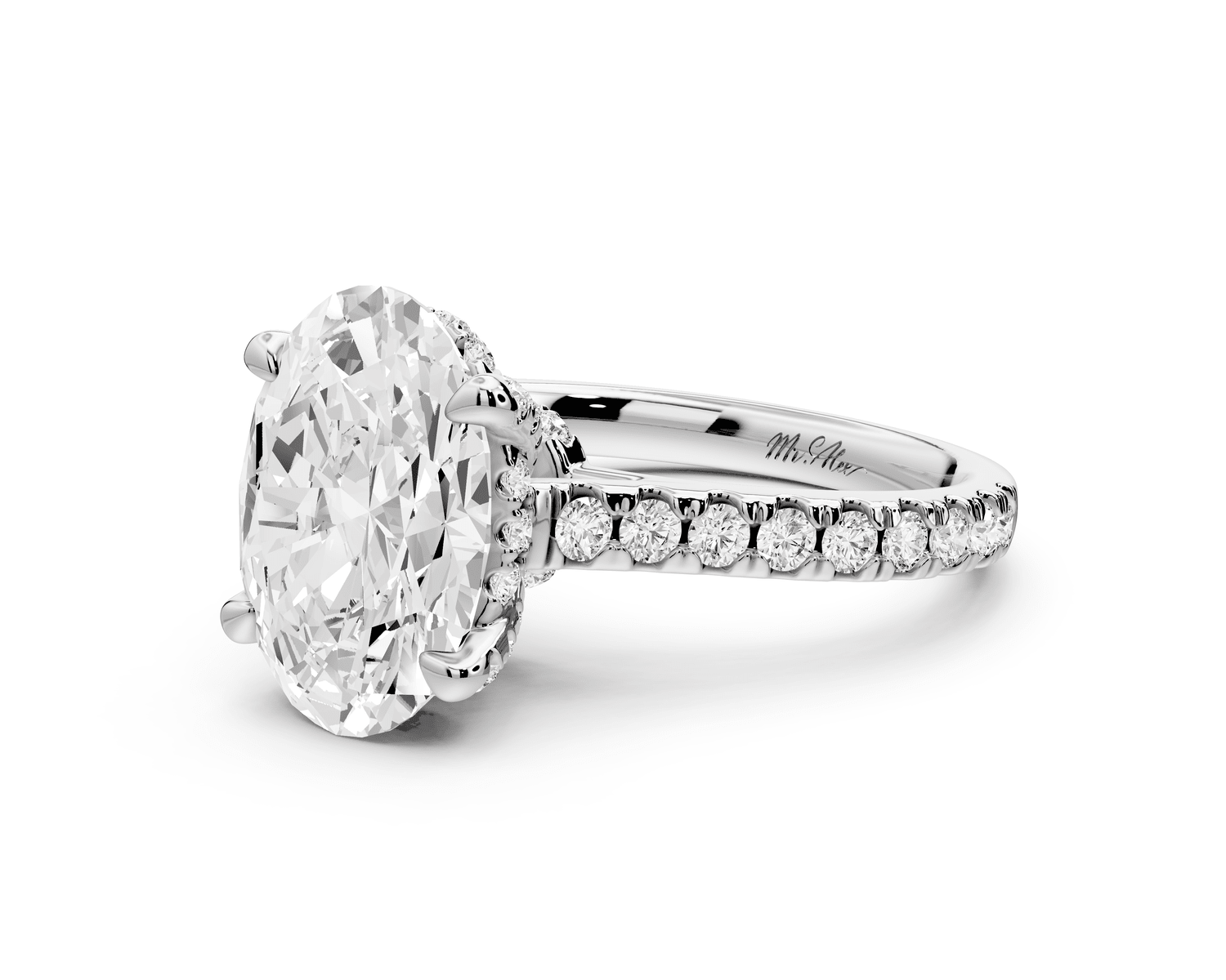 Odette - 3ct 18k white gold oval Diamond Engagement Ring with Pavé Band & Hidden Halo - Mr. Alex Jewelry