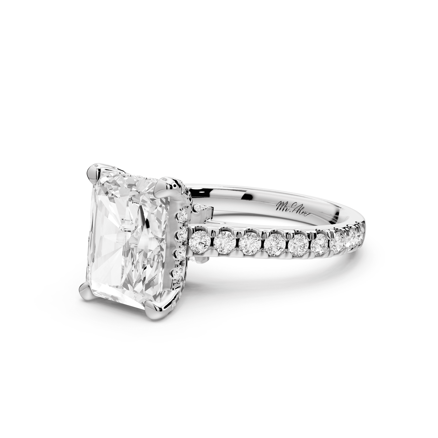 Odette - 3ct 18k white gold radiant Diamond Engagement Ring with Pavé Band & Hidden Halo - Mr. Alex Jewelry