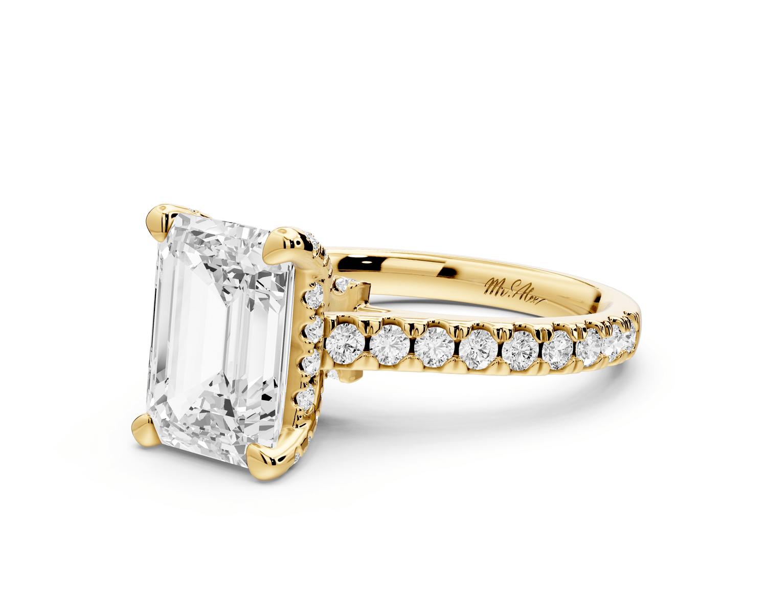 Odette - 3ct 18k yellow gold emerald Diamond Engagement Ring with Pavé Band & Hidden Halo - Mr. Alex Jewelry