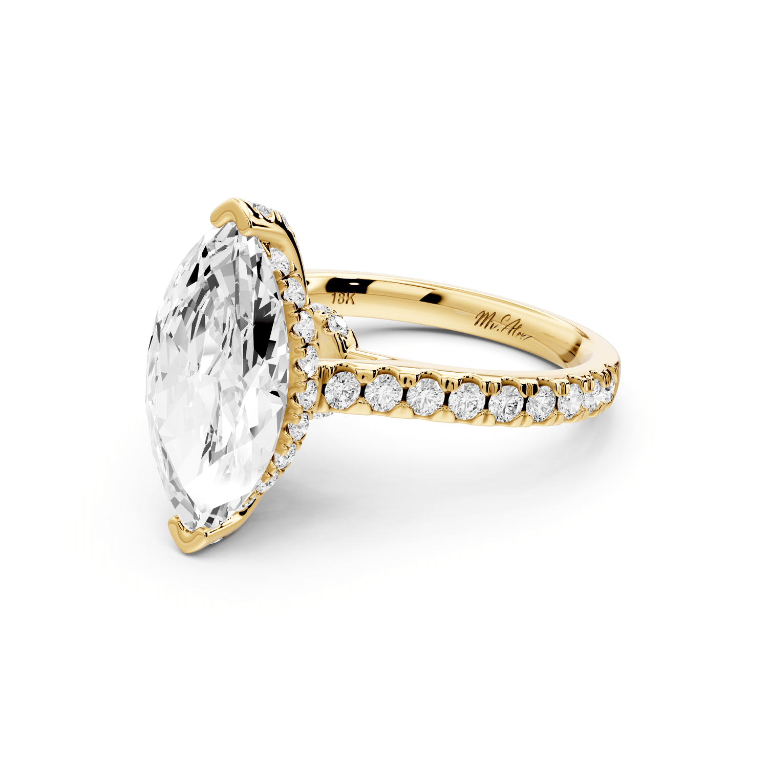 Odette - 3ct 18k yellow gold marquise Diamond Engagement Ring with Pavé Band & Hidden Halo - Mr. Alex Jewelry