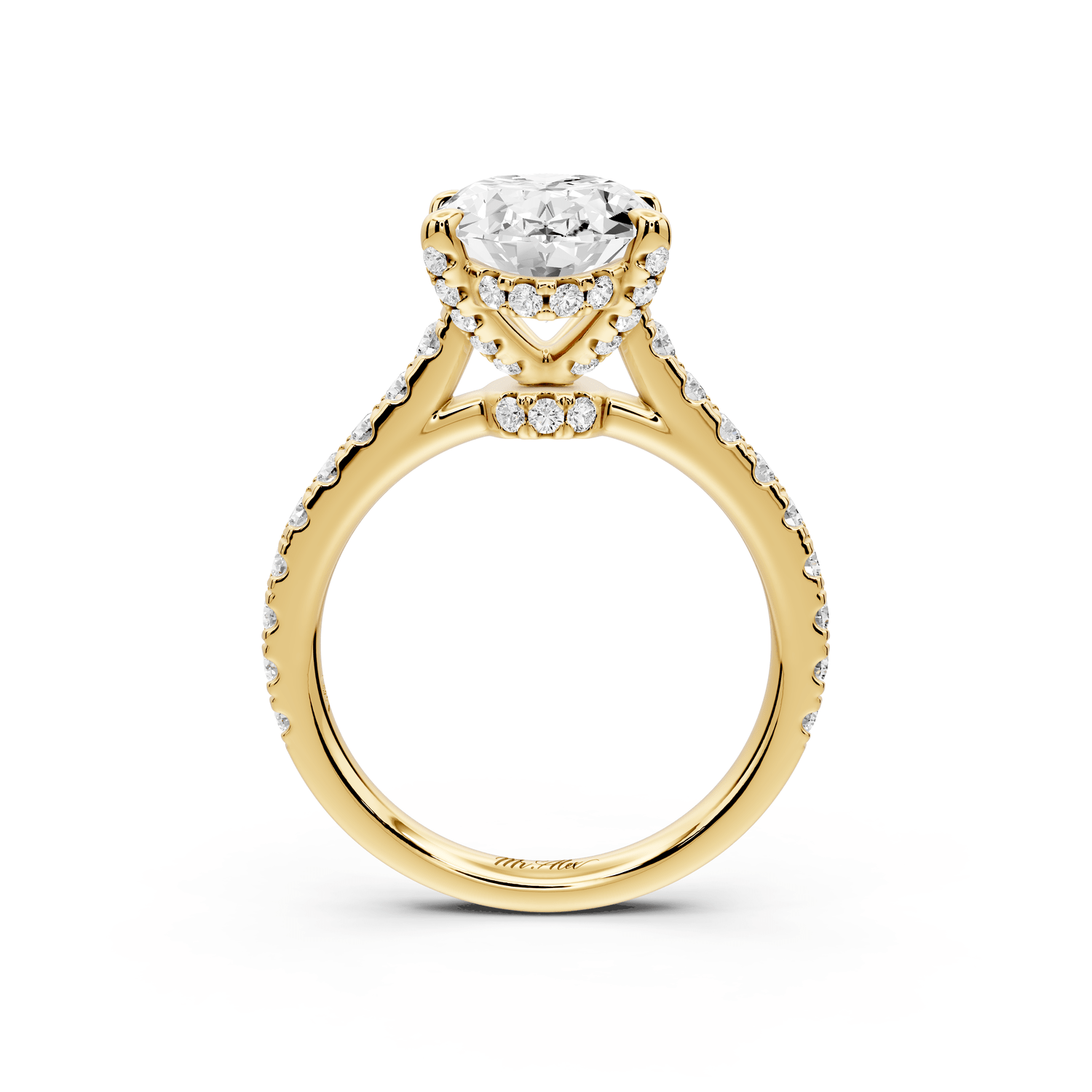 Odette - 3ct 18k yellow gold oval Diamond Engagement Ring with Pavé Band & Hidden Halo - Mr. Alex Jewelry