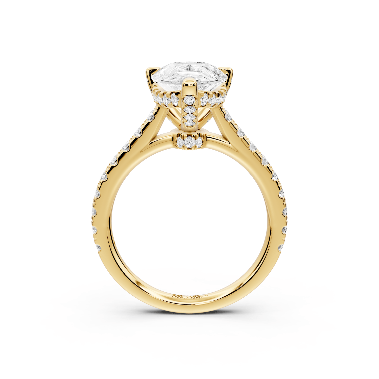 Odette - 3ct 18k yellow gold pear Diamond Engagement Ring with Pavé Band & Hidden Halo - Mr. Alex Jewelry