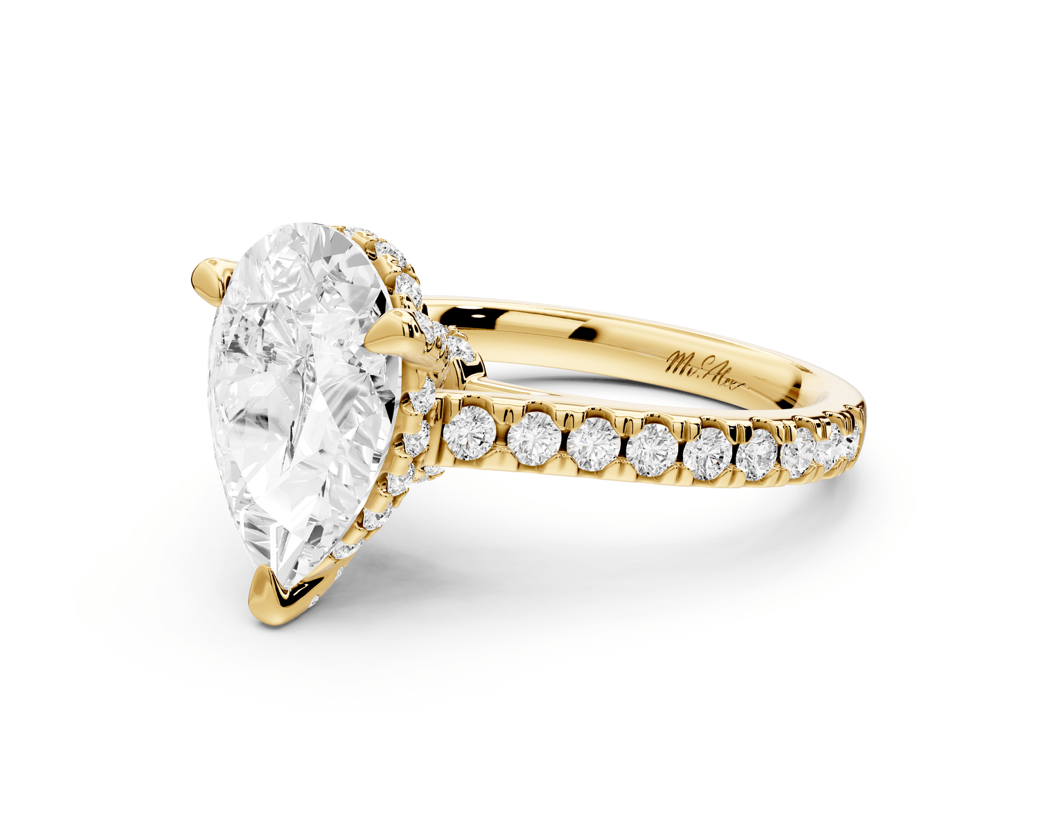 Odette - 3ct 18k yellow gold pear Diamond Engagement Ring with Pavé Band & Hidden Halo - Mr. Alex Jewelry