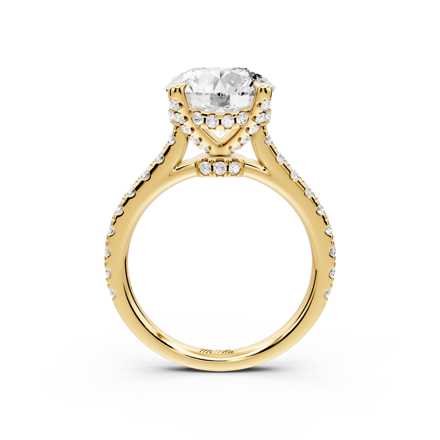 Odette - 3ct 18k yellow gold round Diamond Engagement Ring with Pavé Band & Hidden Halo - Mr. Alex Jewelry