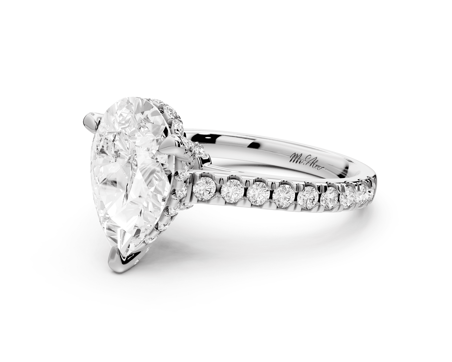 Odette - 3ct platinum pear Diamond Engagement Ring with Pavé Band & Hidden Halo - Mr. Alex Jewelry