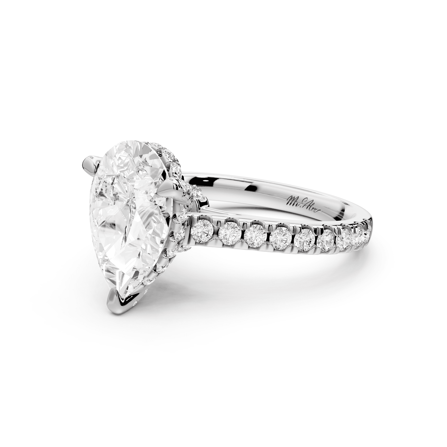 Odette - 3ct platinum pear Diamond Engagement Ring with Pavé Band & Hidden Halo - Mr. Alex Jewelry
