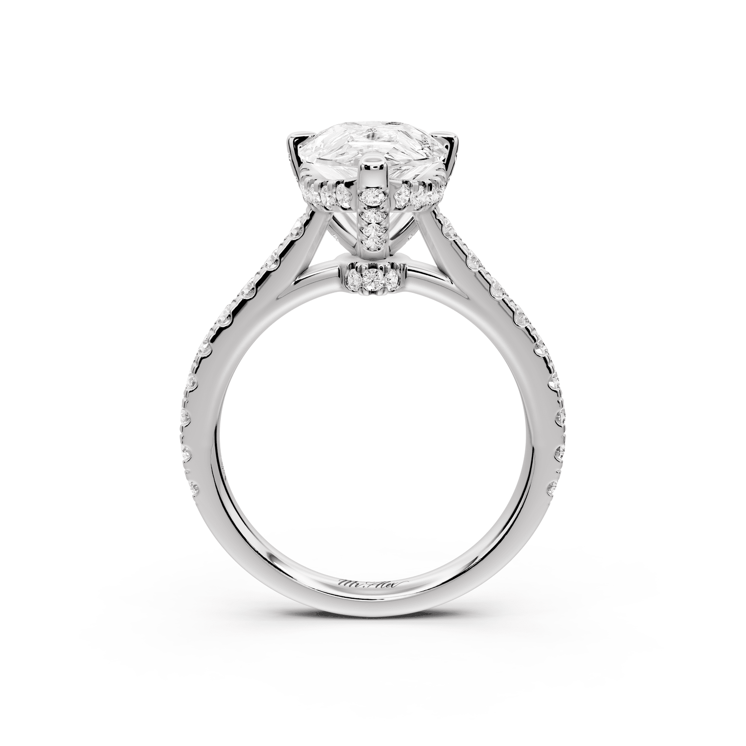 Odette - 3ct platinum pear Diamond Engagement Ring with Pavé Band & Hidden Halo - Mr. Alex Jewelry