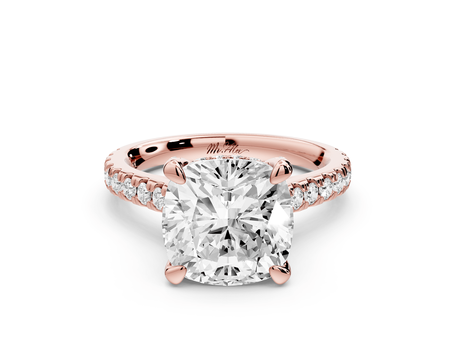 Odette - 4ct 14k rose gold cushion Diamond Engagement Ring with Pavé Band & Hidden Halo - Mr. Alex Jewelry