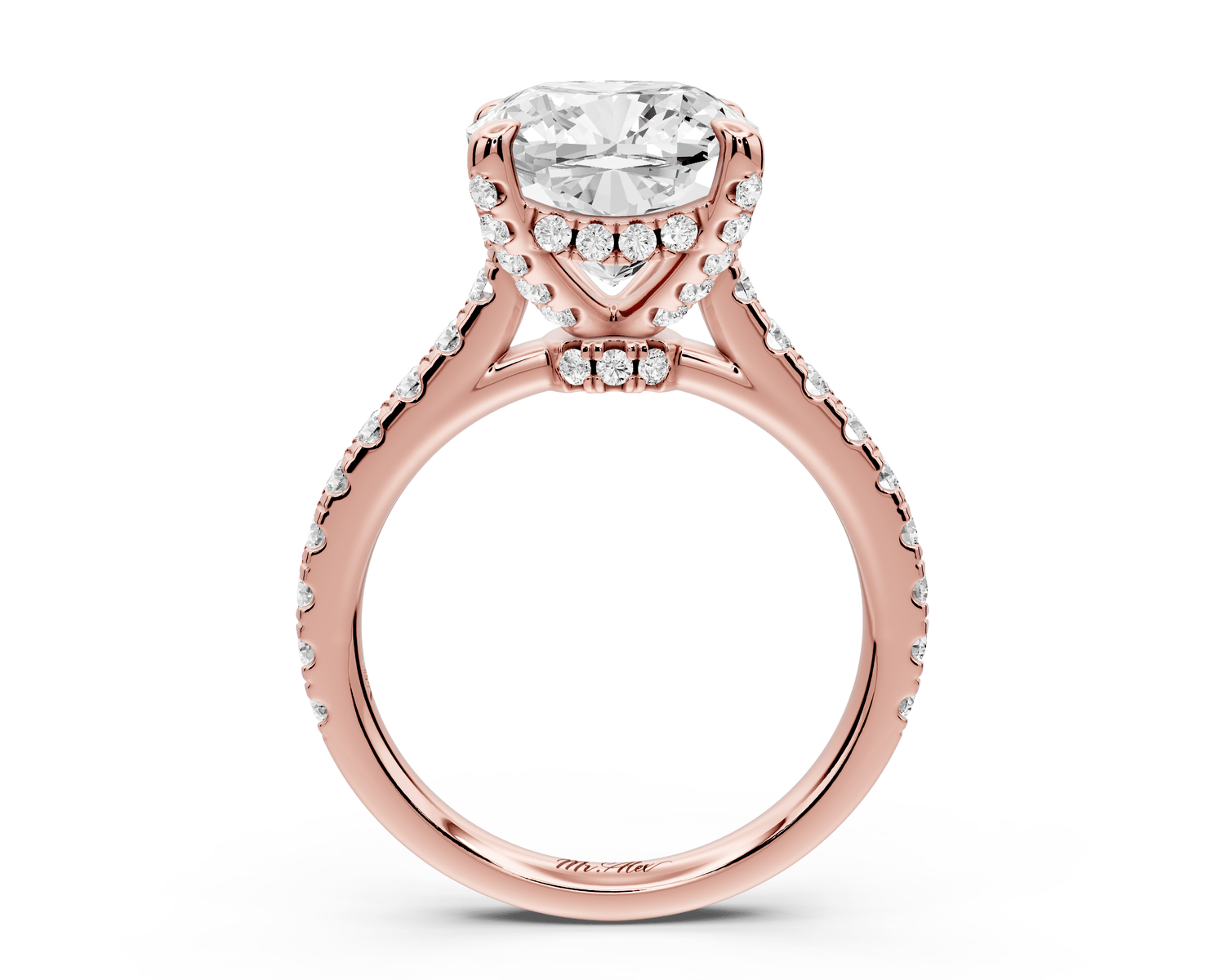 Odette - 4ct 14k rose gold cushion Diamond Engagement Ring with Pavé Band & Hidden Halo - Mr. Alex Jewelry