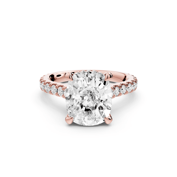 Odette - 4ct 14k rose gold ecushion Diamond Engagement Ring with Pavé Band & Hidden Halo - Mr. Alex Jewelry