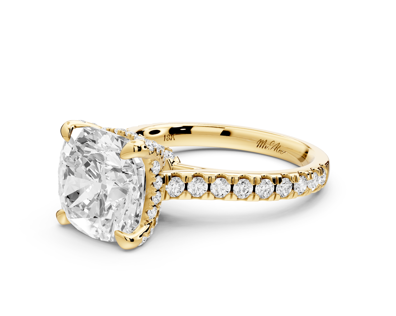 Odette - 4ct 14k yellow gold cushion Diamond Engagement Ring with Pavé Band & Hidden Halo - Mr. Alex Jewelry