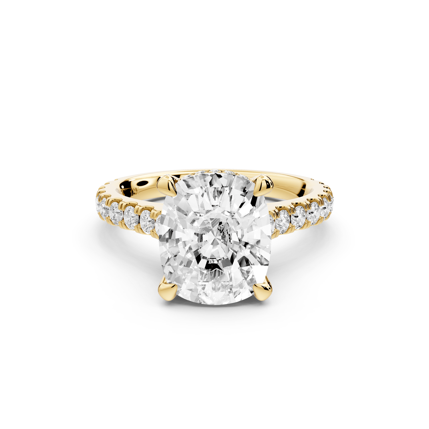 Odette - 4ct 14k yellow gold ecushion Diamond Engagement Ring with Pavé Band & Hidden Halo - Mr. Alex Jewelry