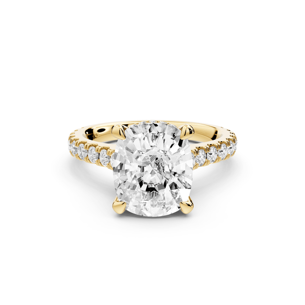 Odette - 4ct 14k yellow gold ecushion Diamond Engagement Ring with Pavé Band & Hidden Halo - Mr. Alex Jewelry