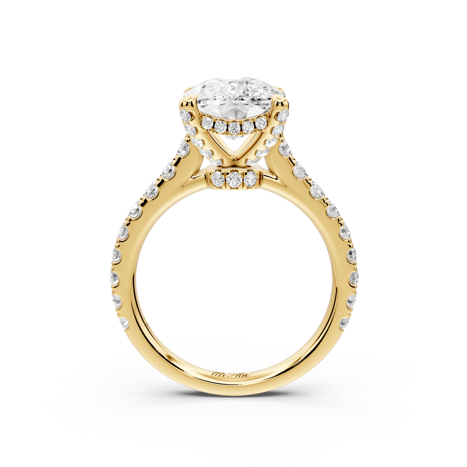 Odette - 4ct 14k yellow gold ecushion Diamond Engagement Ring with Pavé Band & Hidden Halo - Mr. Alex Jewelry