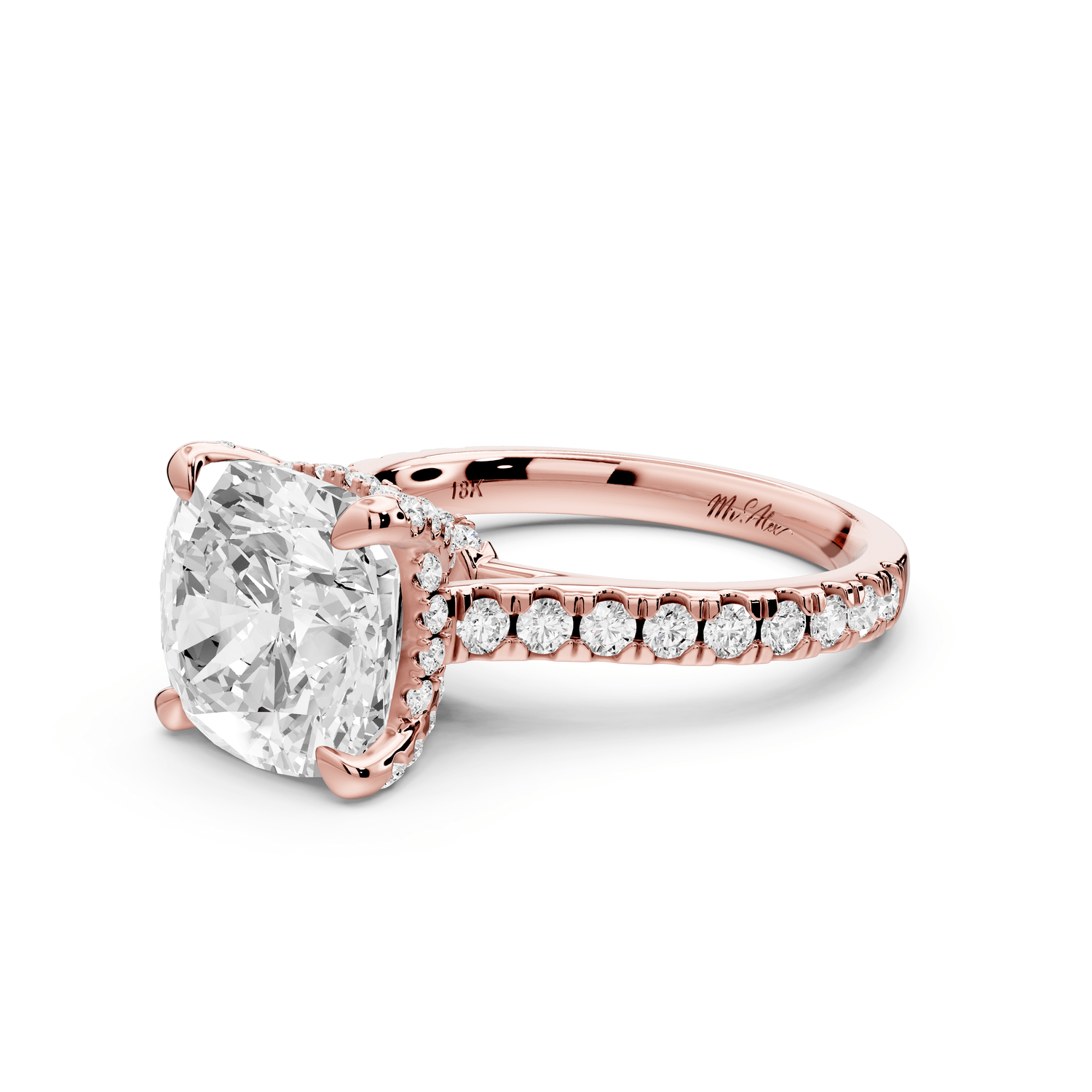 Odette - 4ct 18k rose gold cushion Diamond Engagement Ring with Pavé Band & Hidden Halo - Mr. Alex Jewelry
