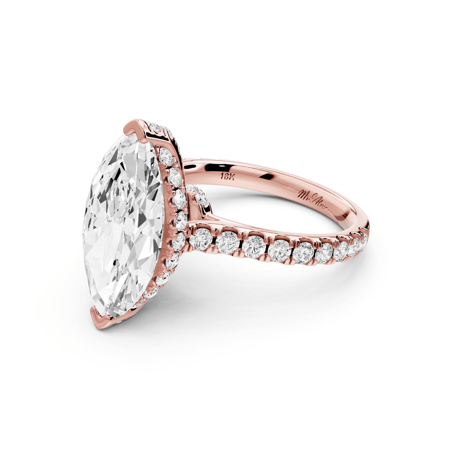 Odette - 4ct 18k rose gold marquise Diamond Engagement Ring with Pavé Band & Hidden Halo - Mr. Alex Jewelry