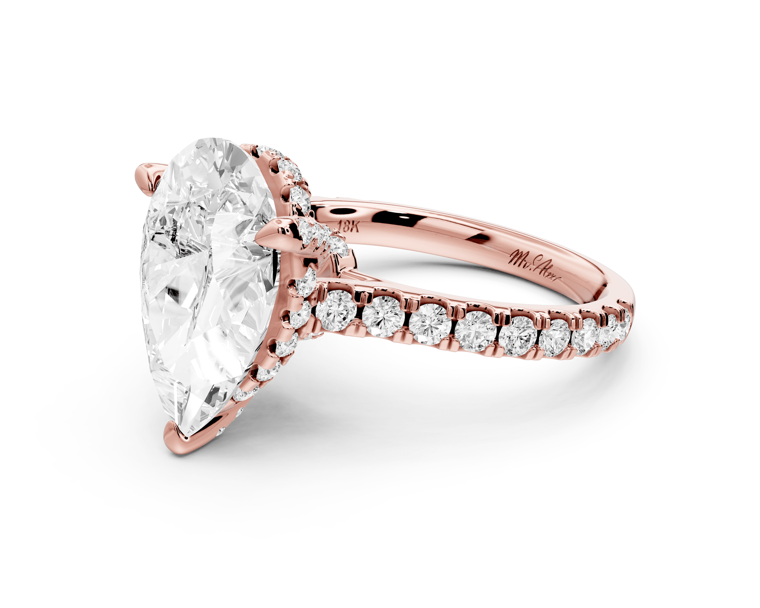 Odette - 4ct 18k rose gold pear Diamond Engagement Ring with Pavé Band & Hidden Halo - Mr. Alex Jewelry