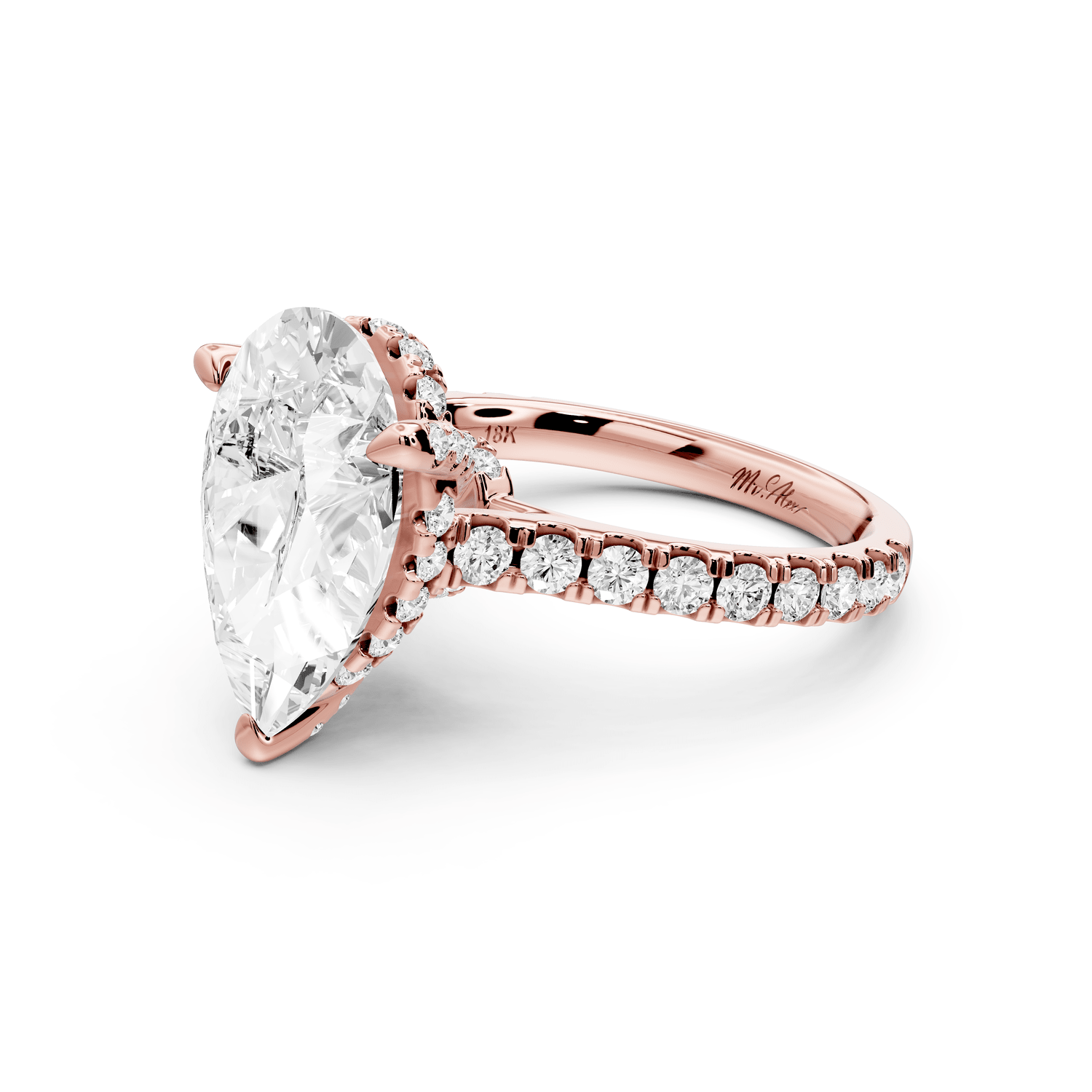 Odette - 4ct 18k rose gold pear Diamond Engagement Ring with Pavé Band & Hidden Halo - Mr. Alex Jewelry