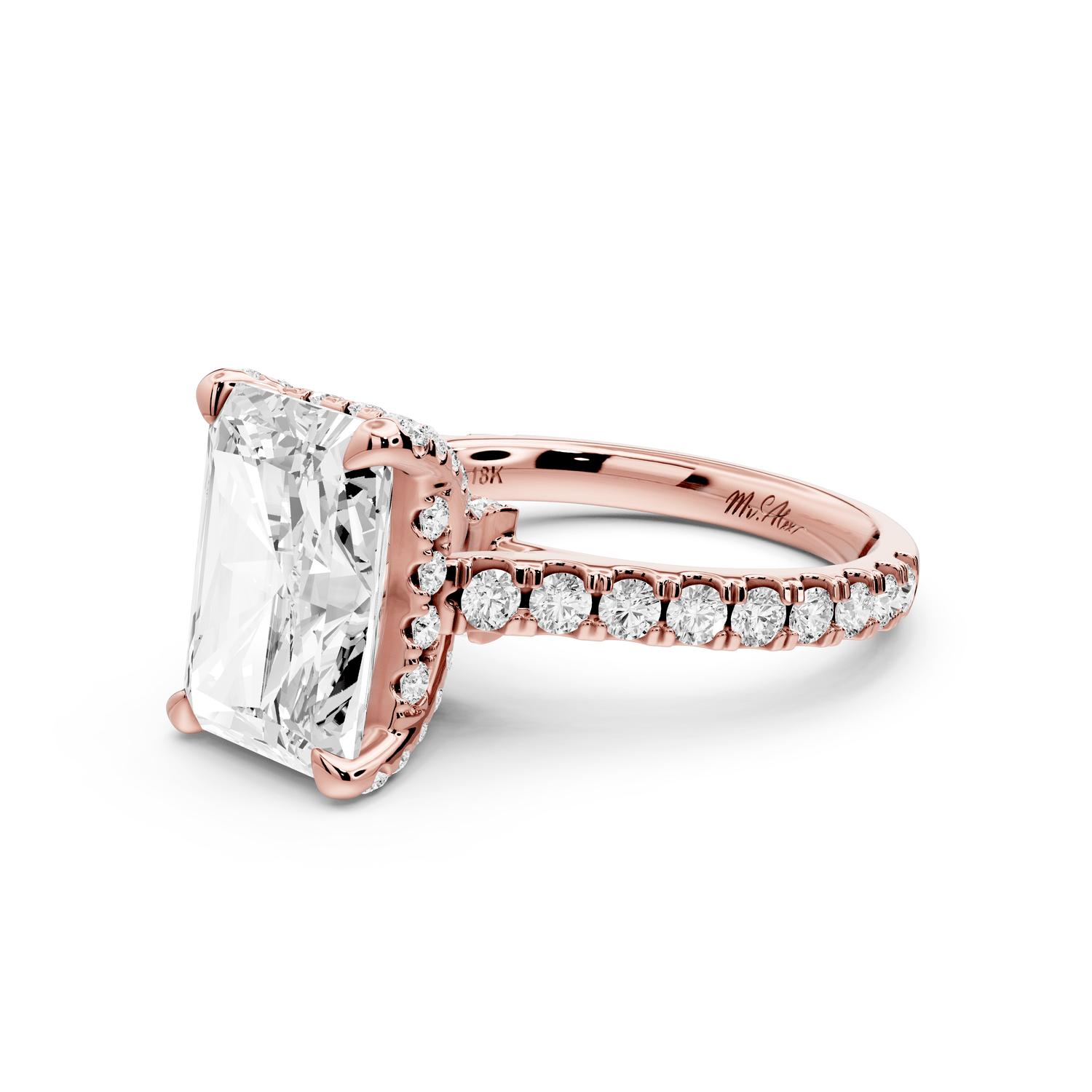 Odette - 4ct 18k rose gold radiant Diamond Engagement Ring with Pavé Band & Hidden Halo - Mr. Alex Jewelry
