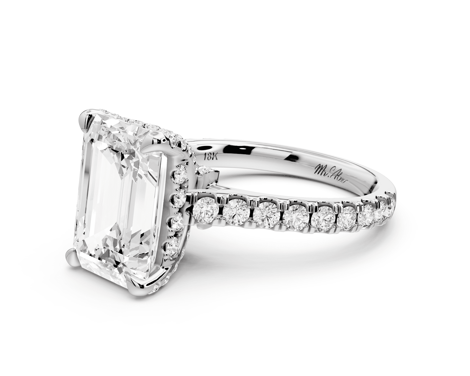 Odette - 4ct 18k white gold emerald Diamond Engagement Ring with Pavé Band & Hidden Halo - Mr. Alex Jewelry