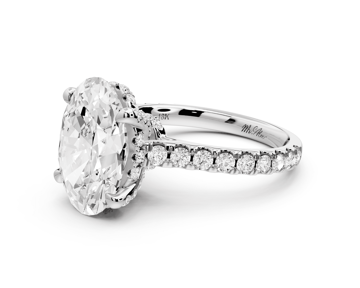Odette - 4ct 18k white gold oval Diamond Engagement Ring with Pavé Band & Hidden Halo - Mr. Alex Jewelry