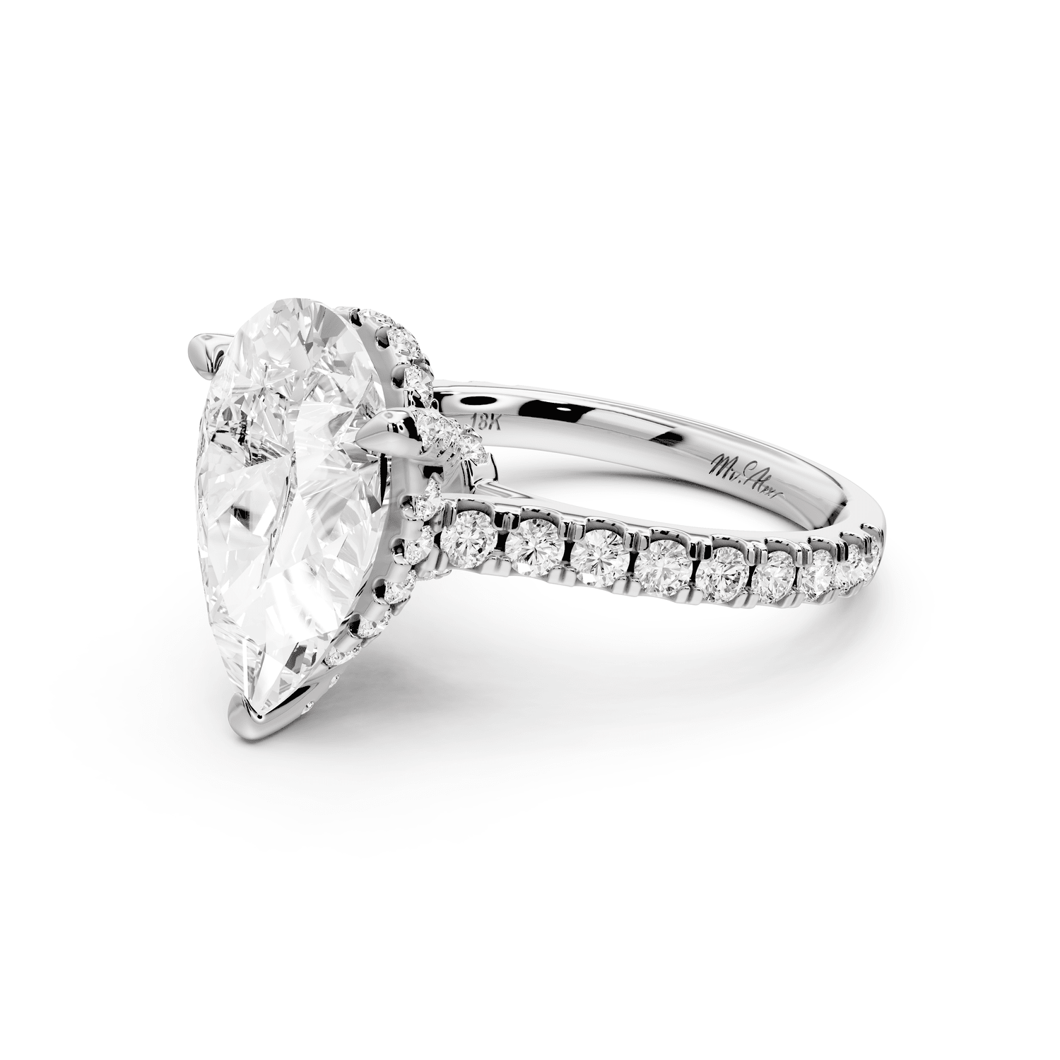 Odette - 4ct 18k white gold pear Diamond Engagement Ring with Pavé Band & Hidden Halo - Mr. Alex Jewelry