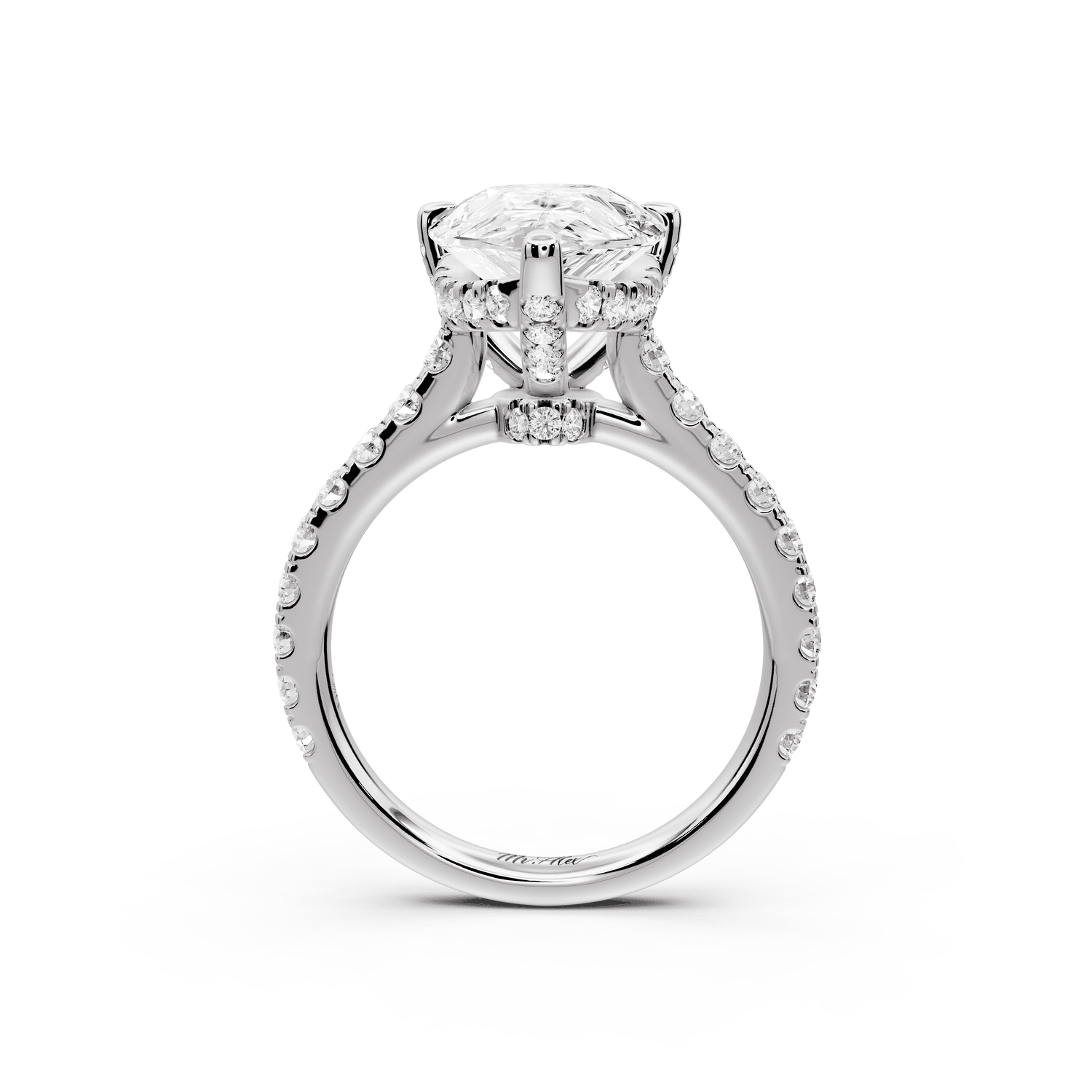 Odette - 4ct 18k white gold pear Diamond Engagement Ring with Pavé Band & Hidden Halo - Mr. Alex Jewelry