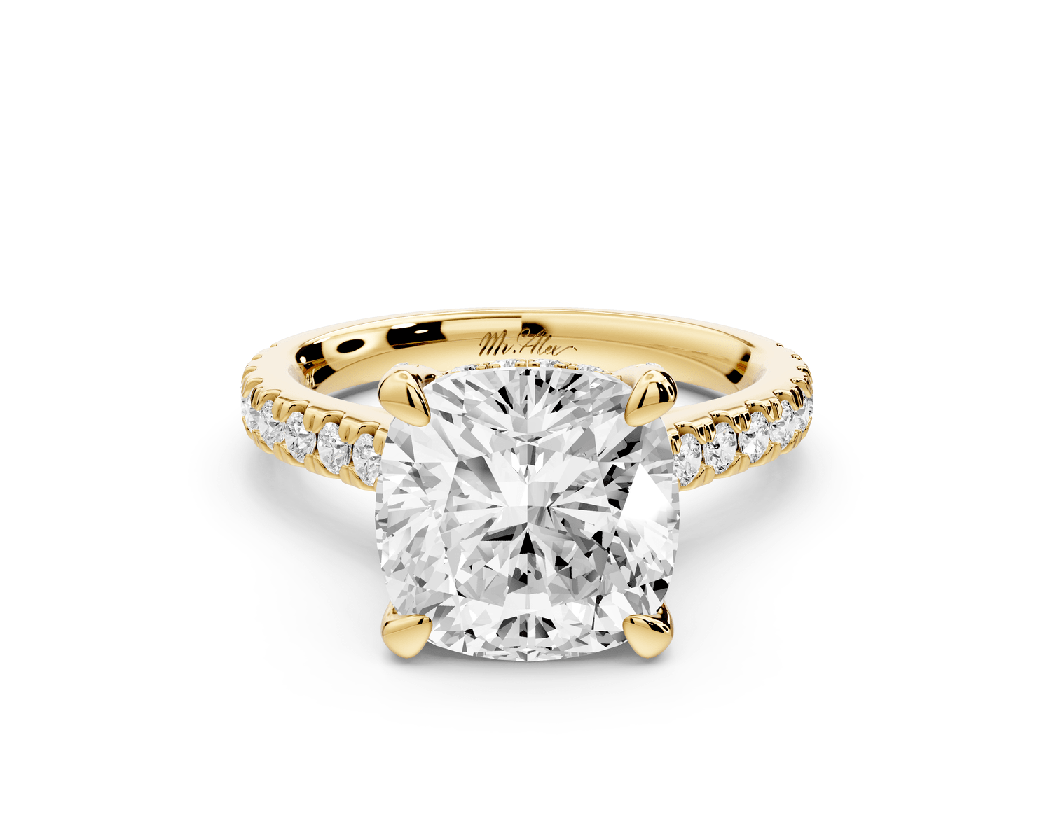 Odette - 4ct 18k yellow gold cushion Diamond Engagement Ring with Pavé Band & Hidden Halo - Mr. Alex Jewelry