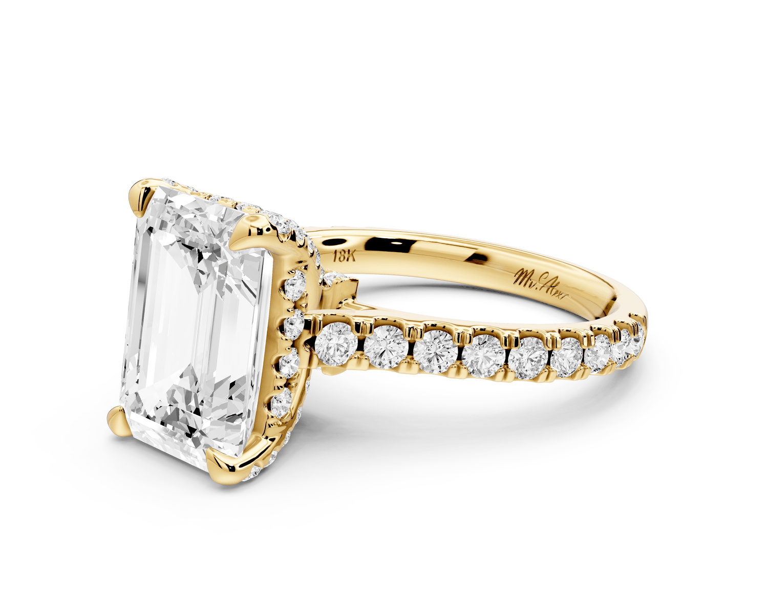 Odette - 4ct 18k yellow gold emerald Diamond Engagement Ring with Pavé Band & Hidden Halo - Mr. Alex Jewelry