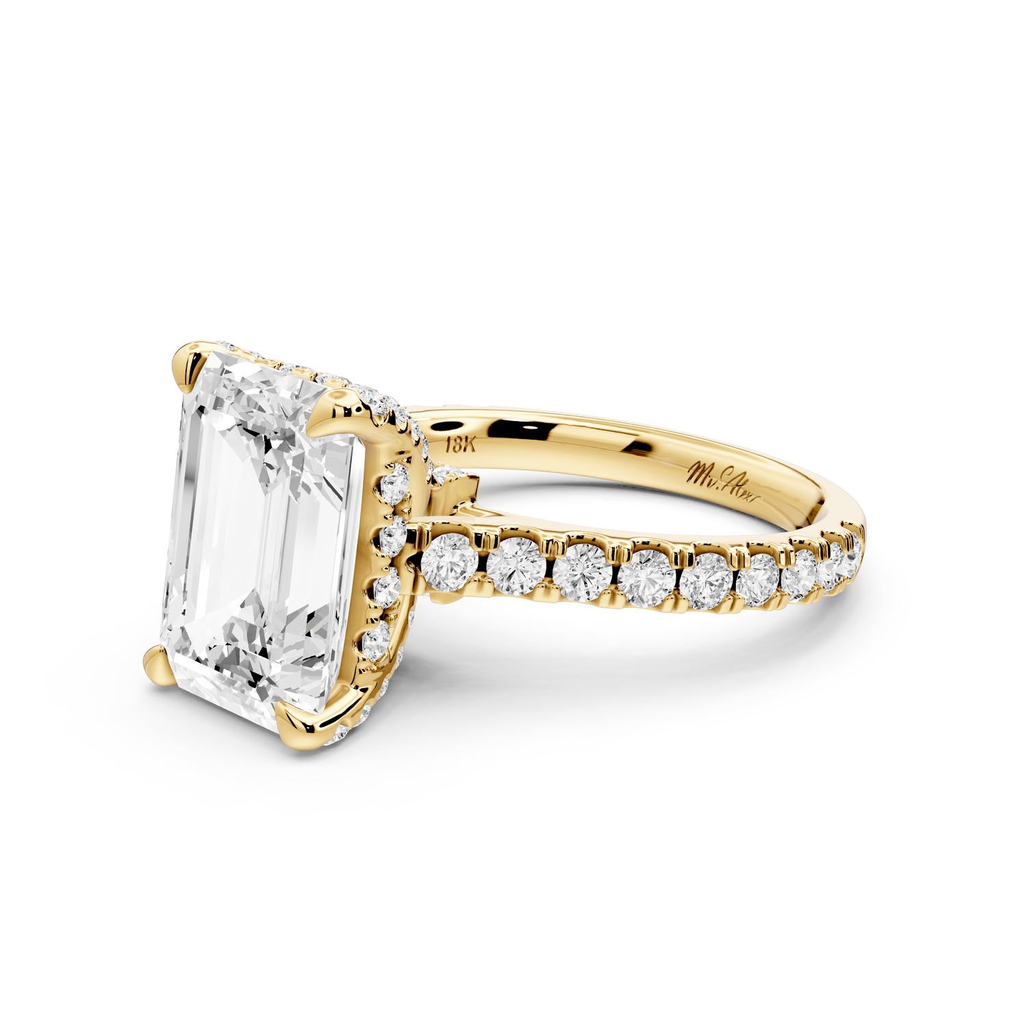 Odette - 4ct 18k yellow gold emerald Diamond Engagement Ring with Pavé Band & Hidden Halo - Mr. Alex Jewelry