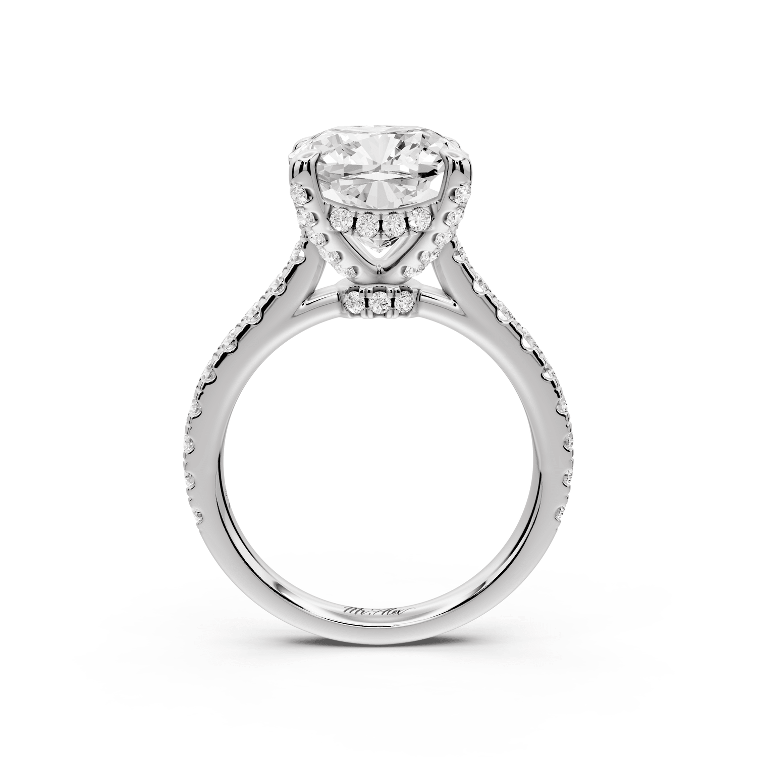Odette - 4ct platinum cushion Diamond Engagement Ring with Pavé Band & Hidden Halo - Mr. Alex Jewelry