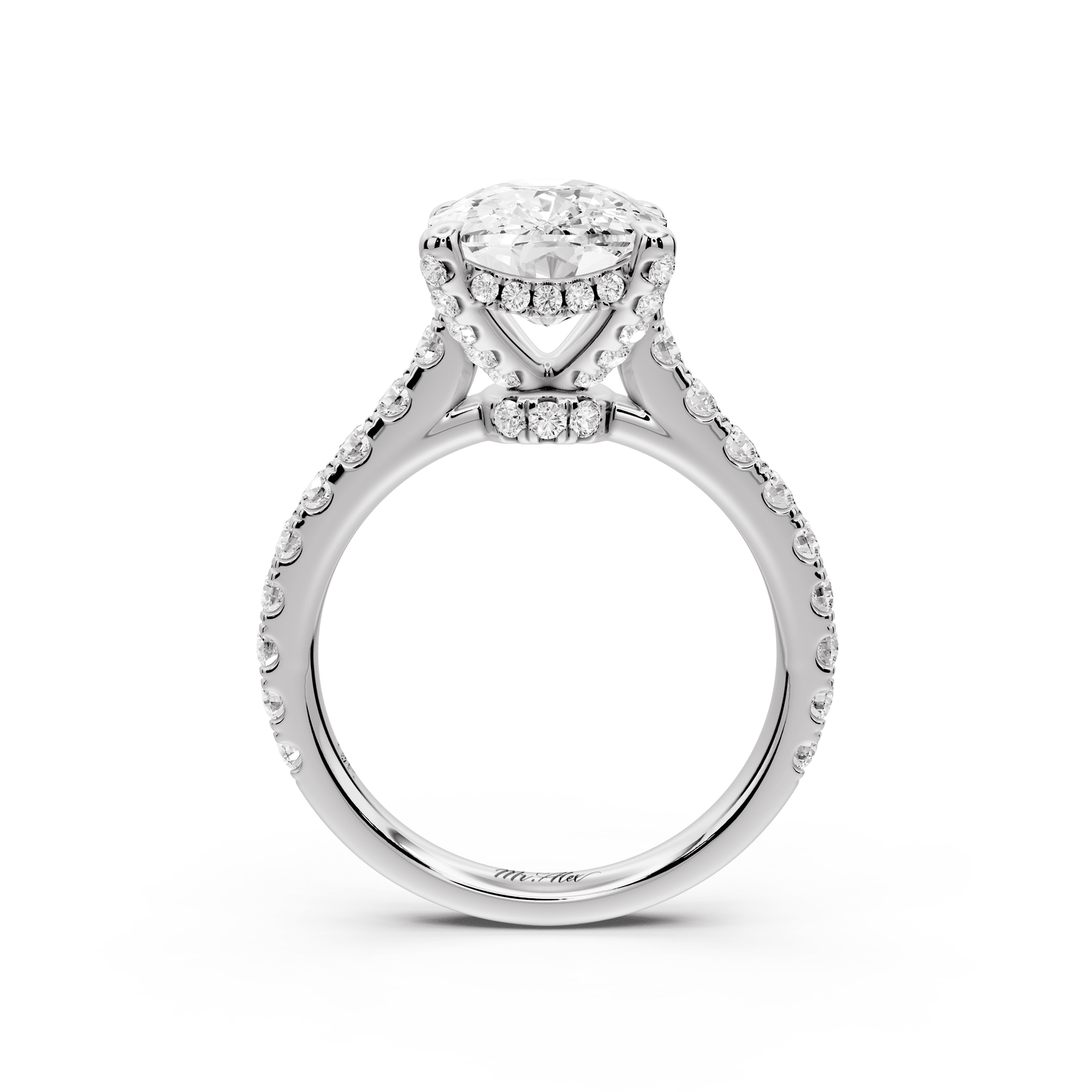 Odette - 4ct platinum ecushion Diamond Engagement Ring with Pavé Band & Hidden Halo - Mr. Alex Jewelry
